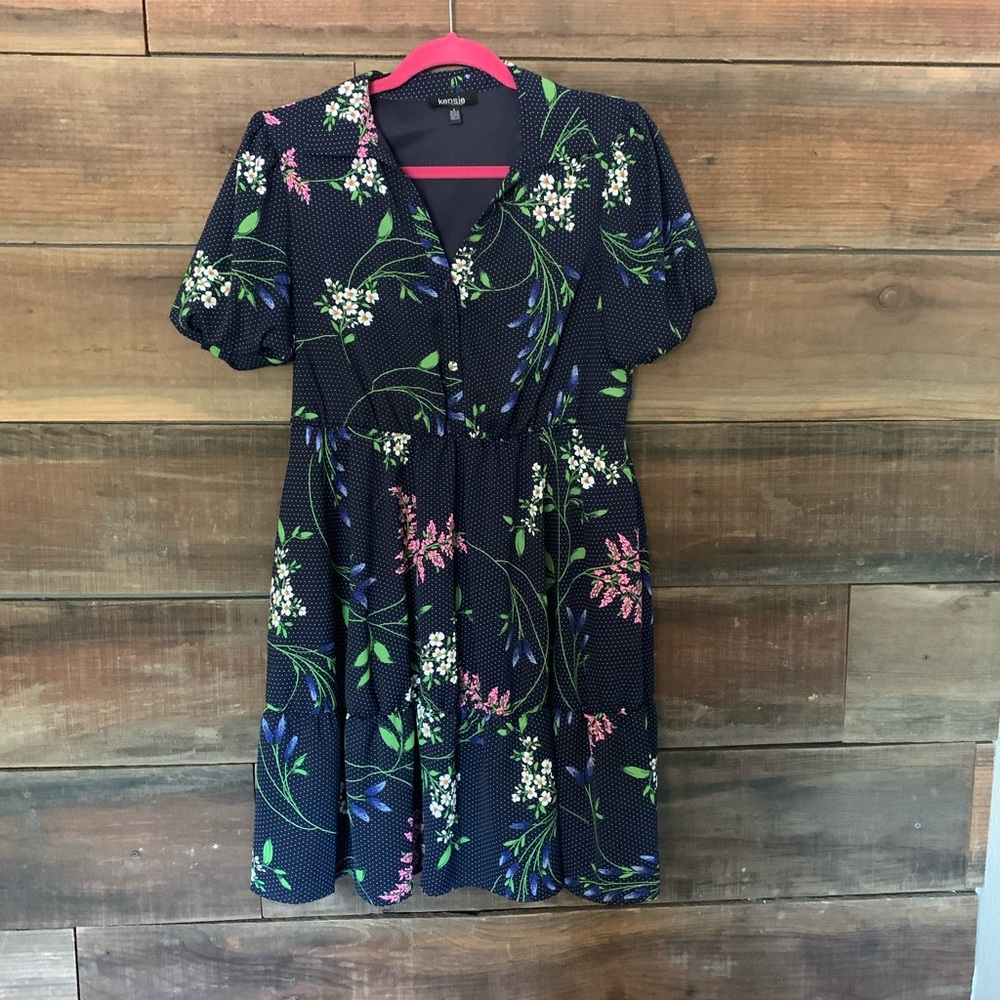 Kensie Womens Navy Flounce Hemline Waist Floral Pouf Short Shirt Dress